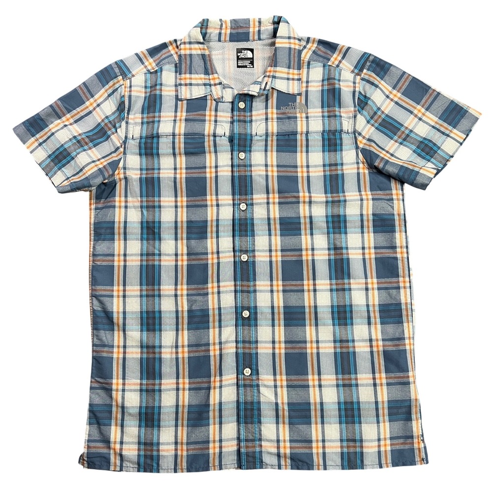 The North Face Vent Me Men's Medium Blue Orange Plaid Hiking Shirt Short Sleeve
